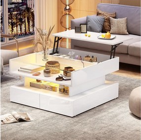 Biały stolik kawowy z oświetleniem LED - Stolik kawowy z 2 szufladami i podnoszonym blatem - otwarta przestrzeń do przechowywania
