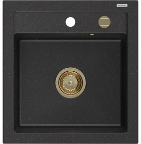 Mexen Vito zlewozmywak granitowy 1-komorowy 520 x 490 mm, czarny/srebrny metalik, syfon złoty - 6503521000-73-G