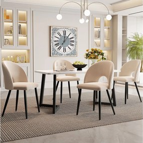 Zestaw stołowy 117 x 68 cm + 4 krzesła muszlowe - aksamit i czarne metalowe nogi - wzór diamentowy - beżowy