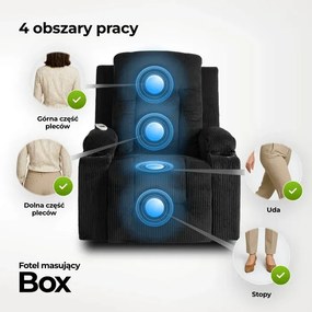 Fotel Masujący BOX Rozkładany Wypoczynkowy z Podnóżkiem Czarny Sztruksowy Loft