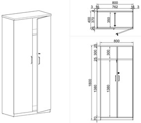 Szafa szatniowa MIRELLI A+ z wysuwanym wieszakiem, 800 x 400 x 1800 mm, biały/dąb sonoma