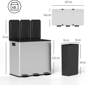 HOMCOM Kosz na śmieci z 3 x 15 L komorami, pokrywy dezodorantowe, odporny na odciski, Soft-Close, wyjmowany, Srebrny