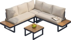 Zestaw mebli ogrodowych - 4 miejsca - ze stali ocynkowanej - narożna sofa - 1 stół w kolorze drewna - Beżowy