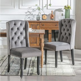 Zestaw 2 krzeseł do jadalni z aksamitu - 49 x 61 x 100 cm - nogi dębowe - do sypialni i salonu - szare