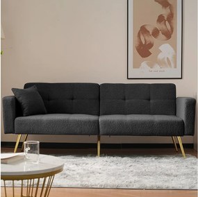 Sofa do salonu, ciemnoszary plusz, kanapa dwuosobowa z regulowanym, wyściełanym oparciem, złote nogi