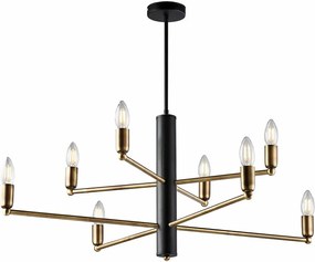 Lampa wisząca Isak z czarnego lakierowanego żelaza z wykończeniem z szczotkowanego mosiądzu, 8 świateł, H.66 Ø86 BL311-8-NR