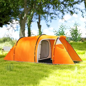 Outsunny Namiot tunelowy dla 2-3 osób, namiot kempingowy z przedsionkiem, haczyk na lampę, 2000 mm słupa wody, Pomarańczowy | Aosom PL