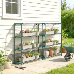 Outsunny Zestaw 2 stojaków na rośliny, 4-poziomy, 104 cm wysokości, stojak na kwiaty do wnętrz i na zewnątrz, stal, ciemnozielony | Aosom PL
