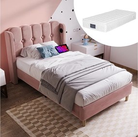 Łóżko tapicerowane jednoosobowe dla młodzieży - 90 x 200 cm - Materac + Zagłówek z USB - Tkanina lniana - róż