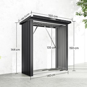 Schowek na drewno opałowe Outsunny — stalowy, podwyższone dno, dach jednospadowy, 150×66,5×150 cm, ciemnoszary