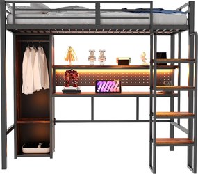 Łóżko na antresoli metalowe 90 x 200 cm - z drabiną - duże biurko z panelem perforowanym - z oświetleniem LED - z szafą - czarny​ (materac nie jest wliczony w cenę)