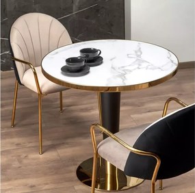 Stół Debor 79 cm w stylu glamour z okleinowanym blatem MDF imitującym marmur na czarnej nodze ze złotymi elementami