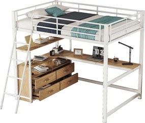 Łóżko antresola 140 x 200 cm z narożnym biurkiem w kształcie litery L i 4 szufladami - Metal - Białe (bez materaca)