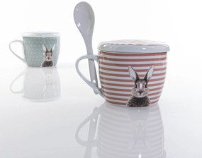 Kubek z pokrywką i z łyżeczką FLUFFY, porcelanowy, zajączek, 600 ml