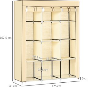 HOMCOM Szafa ubraniowa z tkaniny Beżowa Przestronna z półkami i drążkiem 125x43x1625cm | Aosom PL