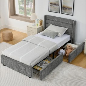 Łóżko dziecięce 90x200 cm Łóżko młodzieżowe z 2 szufladami i stelażem - ciemnoszary szenil (bez materaca)