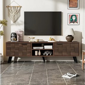 Nowoczesna szafka RTV - 160,5 x 35,5 x 45 cm - z 2 drzwiami + 2 otwartymi przegrodami - drewno - ciemny naturalny