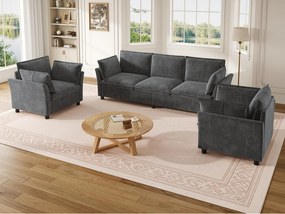 Modułowy zestaw sof 3+1+1 „efekt chmury” z tkaniny szenilowej, sofa 3-osobowa i 2 ergonomiczne fotele, styl nowoczesny - szary