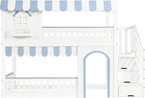 Łóżko na antresoli 90x200 cm - drabina z miejscem do przechowywania - z stelażem lamelowym - lite drewno + MDF - Biały + Niebieski​ (bez materaca)