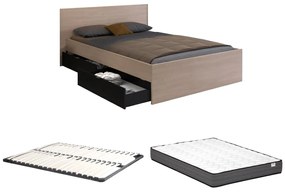 Łóżko z 2 szufladami 160 × 200 cm: Naturalne i czarne + Stelaż + Materac – VELONA