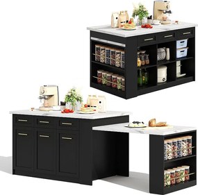 Wyspa centralna z 3 drzwiami + 6 szufladami i półką - blat wysuwany - 150/246 x 90 x 90 cm - MDF - biały + czarny