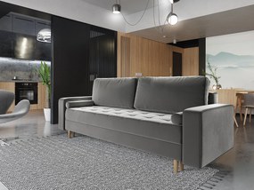 Szara welurowa sofa rozkładana z pojemnikiem A3-B09