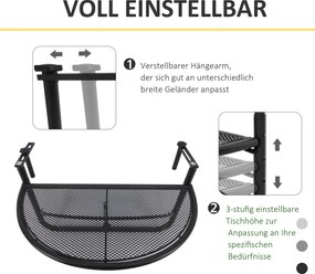 Outsunny Stół Wiszący Balkonowy Półokrągły Regulowana Wysokość Metalowy Czarny 60x45x50cm | Aosom PL