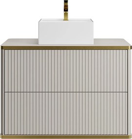 Szafka łazienkowa wisząca  ryflowana ze złotą listwą i kwadratową umywalką nablatową - Beżowy - 80 cm - KELIZA