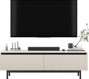 Szafka RTV z 2 drzwiami - Korpus kaszmir mat, fronty ryflowane kaszmir mat - Czarna metalowa rama, 140 cm