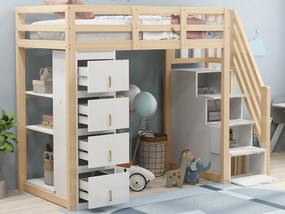 Łóżko mezzanine 90x200cm z litego drewna - z 4 szufladami i schodami do przechowywania - Naturalne (materac nie jest w zestawie)