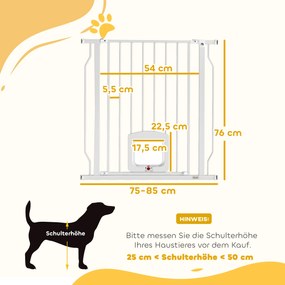 PawHut Bramka zabezpieczająca drzwiowa z drzwiczką dla kota, bez wiercenia, 75-85 cm ze stali dla psów, schody, drzwi, Weiß | Aosom PL