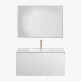 Zestaw Wiszących Mebli Łazienkowych Zintegrowany Z Umywalką Macrae Biała & Prostokątna Lampa Led I Przeciwmgielna 100x70 Cm Riben & Szczotkowane Złoto