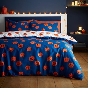 Niebiesko-pomarańczowa pościel dwuosobowa 230x220 cm Halloween Pumpkins – Catherine Lansfield
