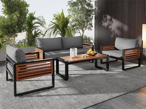 Zestaw mebli ogrodowych - sofa 2-osobowa + 2 fotele + stolik kawowy prostokątny - poduszki siedziska i oparcia - żelazo i drewno - brąz i szarość