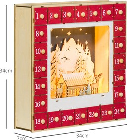 HOMCOM Kalendarz Adwentowy LED z Sceną Wiejską, 24 Duże Szuflady, MDF, 34 x 7 x 34 cm, Czerwony
