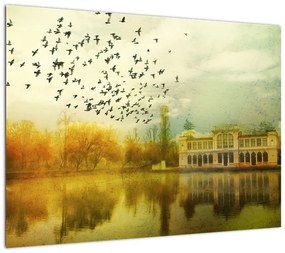 Obraz na szkle namalowanego krajobrazu z rezydencją (70x50 cm)