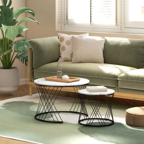 HOMCOM Okrągłe stoły kawowe w zestawie 2 szt., marmurowa powierzchnia, płyta wiórowa, metal, łatwość w przechowywaniu, Biały