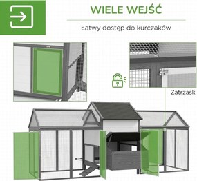 PawHut Kurnik dla małych zwierząt 2 wybiegi zewnętrzne, 1 gniazdo, 2 rampy, dach asfaltowy, odporny na warunki atmosferyczne, Szary
