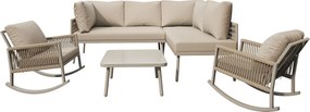 Modułowy Salon Ogrodowy z 2 Fotelami Bujanymi i Kanapą Narożną - Design z Plecionego Sznurka i Metalu - Poduszki Oddychające - Piasek/Beżowy