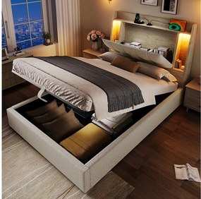 Łóżko tapicerowane z pojemnikiem - 90 x 200 cm - z USB + diodami LED + zagłówek ze schowkiem - len - beż