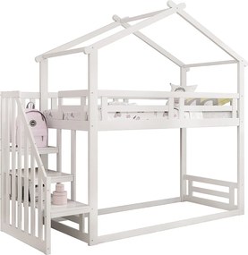 Łóżko piętrowe domek z litego drewna sosnowego z schodami i stelażem na materac - 90x200cm - Białe