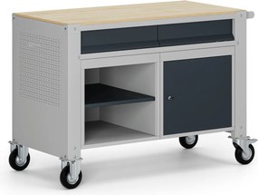 Mobilny stół warsztatowy G9, 1 półka, 1 szafka, 2 szuflady, 1180 x 595 x 865-1130 mm, szary/grafitowy