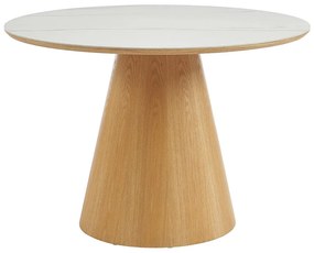 Okrągły stół do jadalni dla 4 osób z ceramiki i forniru jesionowego - Efekt białego marmuru i jasnego naturalnego drewna - ANTALIZA