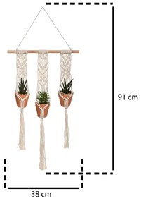 Makrama kwietnik na ścianę, 3 sztuczne rośliny