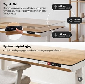 Biurko elektryczne sit-stand z szufladą i ładowarką bezprzewodową Qi białe/złoty dąb, 1200 mm: ELLIS