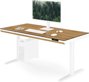 Biurko elektryczne sit-stand z szufladą i ładowarką bezprzewodową Qi białe/złoty dąb, 1400 mm: ELLIS