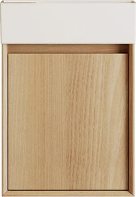 Wisząca szafka z umywalką do łazienki, umywalka z żywicy w kolorze białym mat – Jasny naturalny – 40 x 25,5 x 57 cm – SOREL