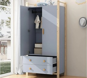 Szafa dziecięca 89.6x44x180.5 cm - 2 szuflady i 2 drzwi - 1 wieszak na ubrania - konstrukcja sosnowa - niebieski + naturalny