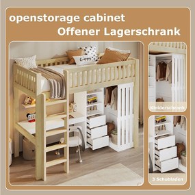 Łóżko piętrowe dla dzieci - 90 x 200 cm - z biurkiem + szafą + 3 szufladami + otwartą przestrzenią do przechowywania - drewno - naturalne