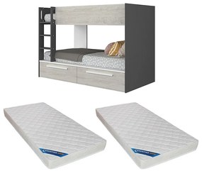 Łóżko piętrowe 2 x 90 x 200 cm - 2 szuflady - Antracytowy, biały i naturalny + Materac - TINOLI